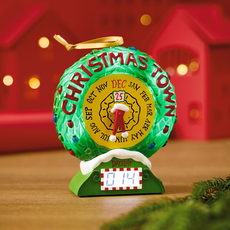 Christmas Town countdown clock ornament with lights, motion, and music from The Nightmare Before Christmas.

