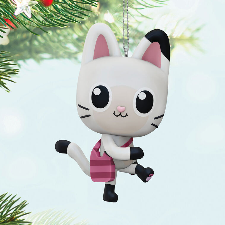 Mini Pandy Paws ornament, black and white cat-panda with striped tail and scarf, Hallmark Gabby’s Dollhouse Christmas collectible