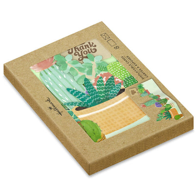Die-cut thank-you cards with fold-out illustrated potted succulents and cacti in display-ready shapes.
