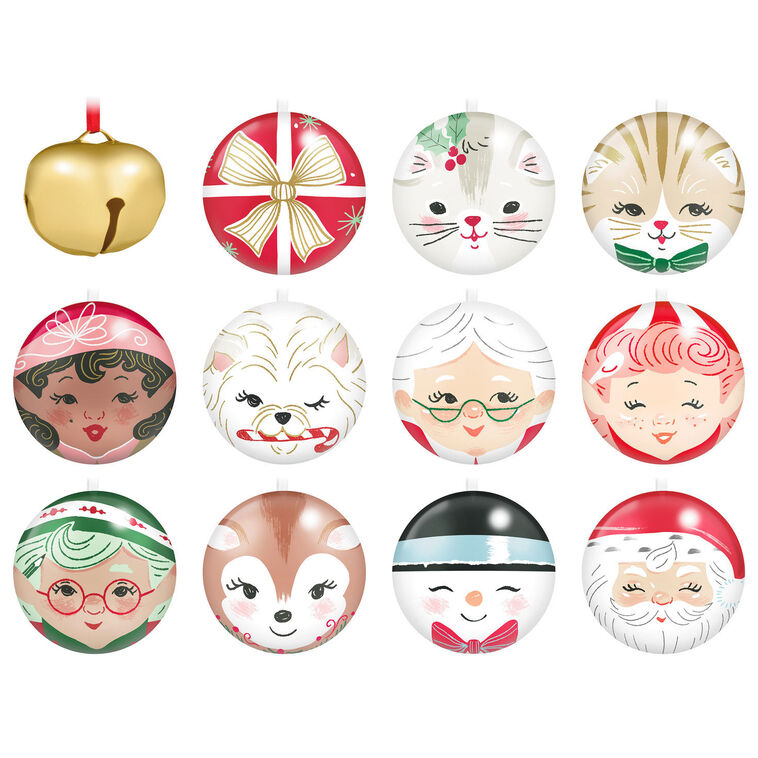 Set of 11 tin ball ornaments and gold jingle bell with North Pole Christmas characters, plus spiral-bound countdown book, Hallmark Keepsake