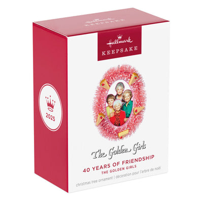 The Golden Girls ornament with photo of Rose, Dorothy, Blanche, and Sophia in pink wreath with strawberry cheesecake slices