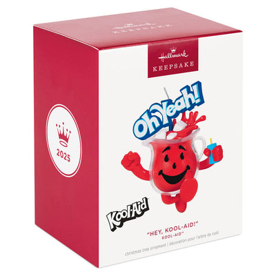 Hallmark Kool-Aid Man ornament with "Oh Yeah!" text, red cherry drink pitcher design and ice cubes.