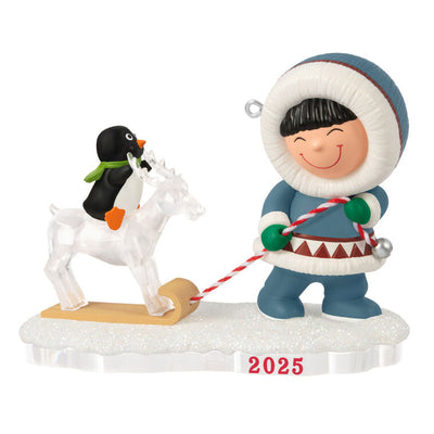 Frosty pulling sled with penguin riding reindeer ice sculpture, 2025 Hallmark Keepsake Frosty Friends Christmas ornament