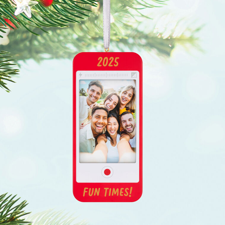 Red photo frame ornament shaped like a smartphone with “2025” and “Fun Times!” text for Christmas memories.