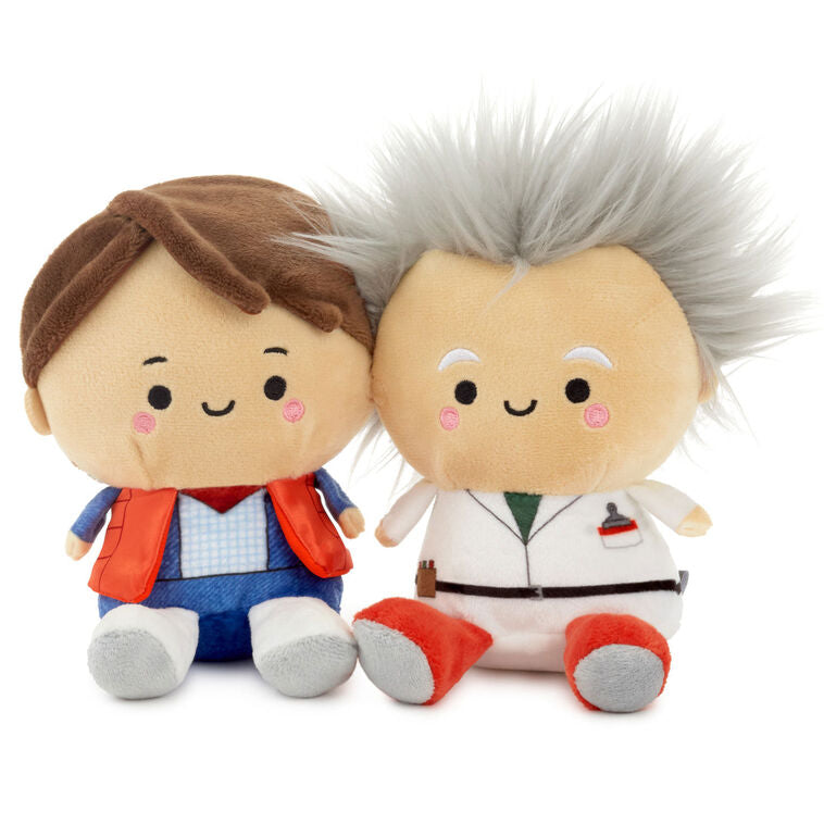 Back to the Future plush set of Doc Brown and Marty McFly with magnets, embroidered features, and movie-inspired outfits.
