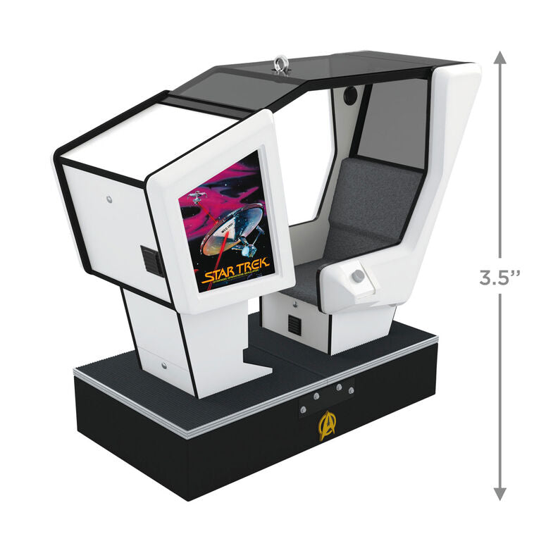 Hallmark Star Trek arcade game ornament—miniature 1980s simulator cabinet with screen, joystick, and seat, lights and sound