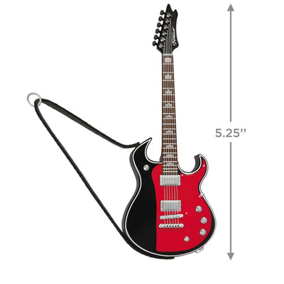 Red and black electric guitar Christmas ornament that plays “Street Fighting Man” by The Rolling Stones, battery operated

