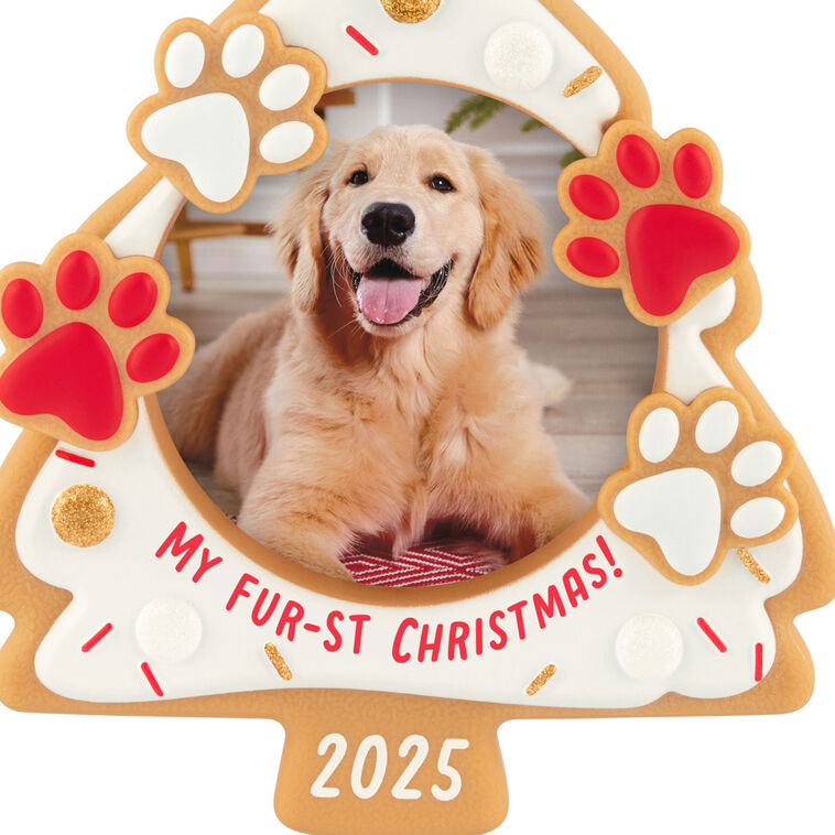 Pet photo frame ornament shaped like a cookie tree with paw prints, faux sprinkles, and year-dated 2025 for first Christmas

