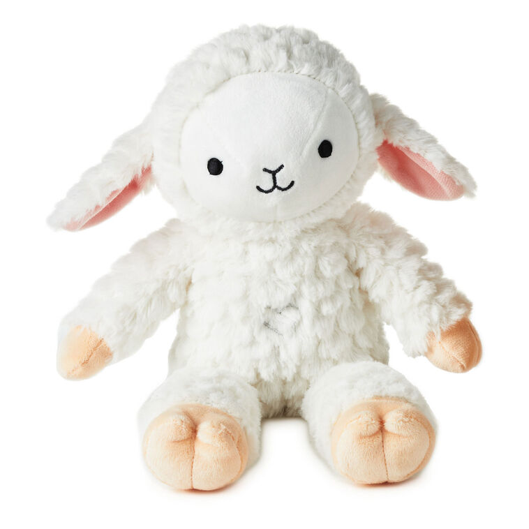 Hallmark lamb plush toy with curly white fur, floppy ears, and sound button on chest.