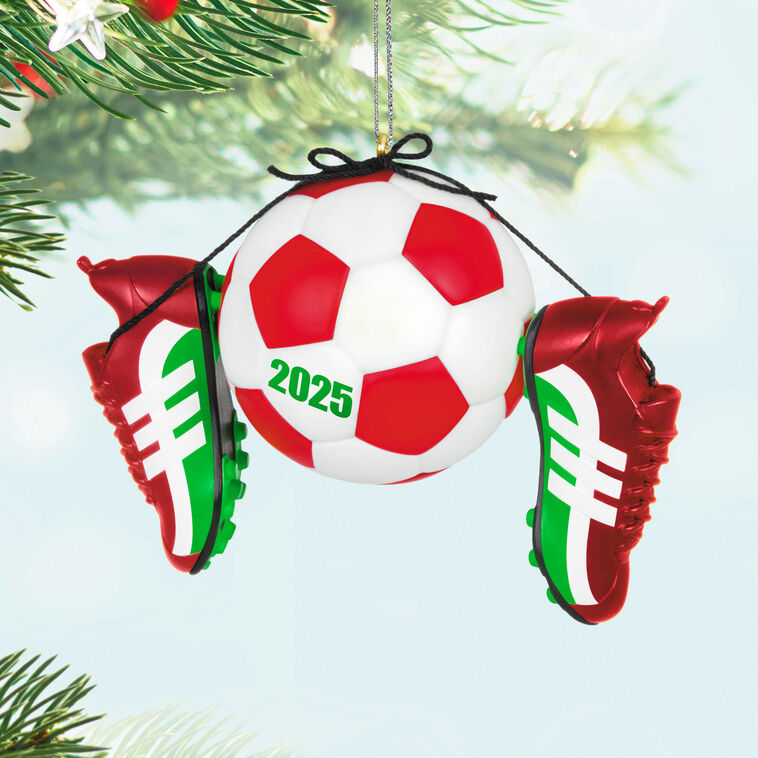 Christmas ornament with soccer ball and red-green cleats, year-dated 2025 for soccer players and coaches

