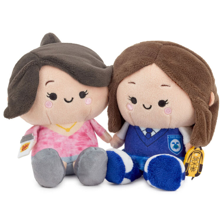 Gilmore Girls plush set of Lorelai and Rory with magnets, pink sweater and school uniform, embroidered features.
