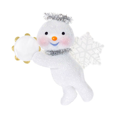 Glittery snow angel snowman ornament with tinsel halo, snowflake wings, rosy cheeks, and holding a tambourine


