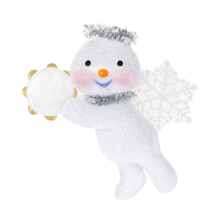 Glittery snow angel snowman ornament with tinsel halo, snowflake wings, rosy cheeks, and holding a tambourine

