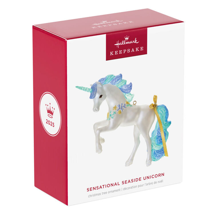 Unicorn Christmas ornament with mermaid mane, seashells, coral details, glittery horn and hooves, beachy holiday decor

