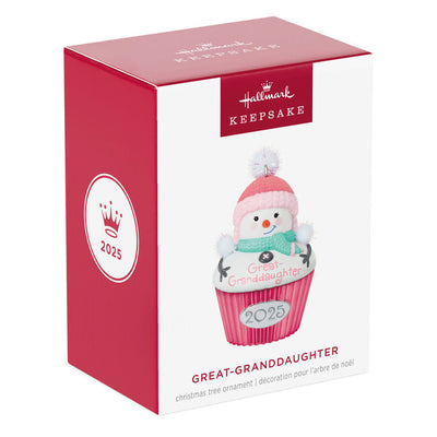 Cupcake-shaped snow-girl ornament with pink hat and green scarf, year-dated 2025 for great-granddaughter Christmas gift

