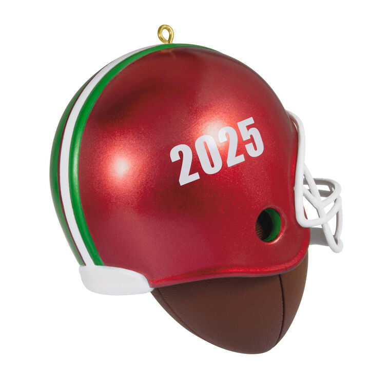 Christmas ornament with red-green football helmet on a football, year-dated 2025 for football players and coaches


