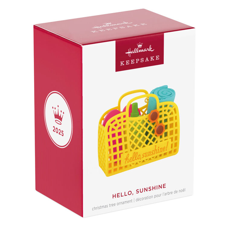 Yellow beach bag ornament with flip-flops, swim towel, sunglasses, and sunscreen, perfect for summer-themed holiday decor

