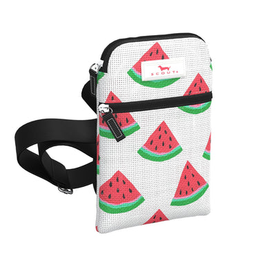 SCOUT Poly Pocket crossbody in One in a Melon print with two zippers, breathable fabric, and adjustable strap for everyday essentials.