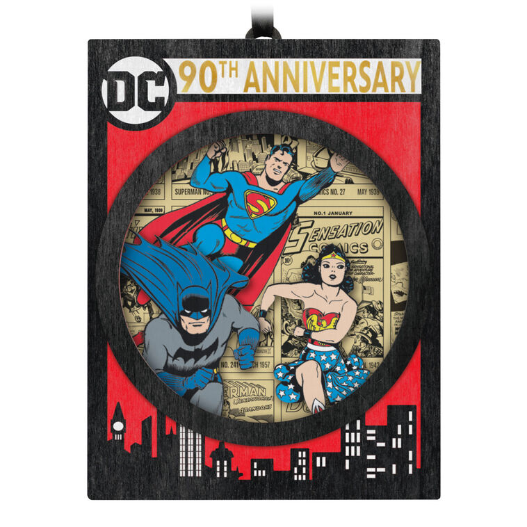 DC Comics 90th Anniversary ornament, Superman, Batman, Wonder Woman, double-sided papercraft, Hallmark Keepsake, Christmas decoration.