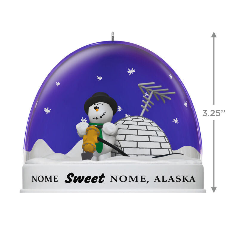 Hallmark Keepsake Knick Knack Snow Globe Escape Plan ornament with snowman inside snow globe labeled Nome, Alaska, Disney/Pixar Christmas decoration.