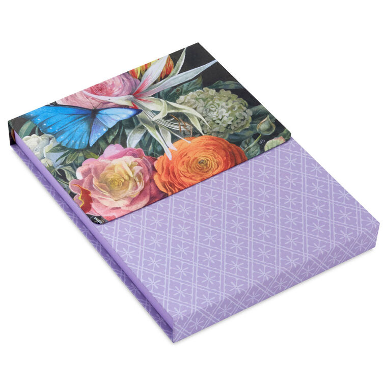 Lavender stationery set with butterfly and floral designs, 40 writing sheets and 20 envelopes in a magnetic storage folio.
