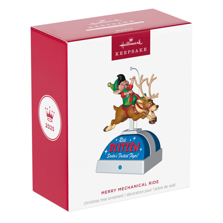 Elf riding Blitzen the reindeer musical ornament with motion, playing "William Tell Overture" holiday keepsake.

