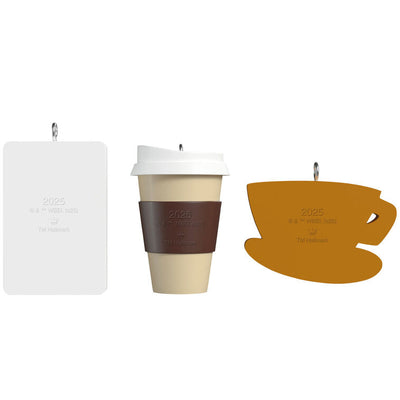 Set of three Gilmore Girls mini ornaments: Luke’s Diner mug, travel coffee cup, and No Cell Phones sign, Hallmark Keepsake collectible