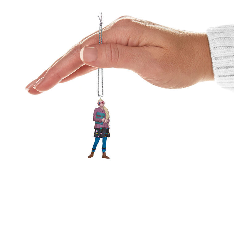 Luna Lovegood in purple coat holding The Quibbler and wearing Spectrespecs, mini Hallmark Christmas ornament, Harry Potter collectible
