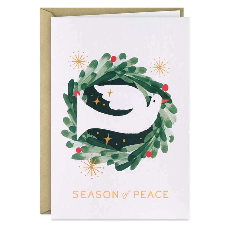 Dove on Watercolor Wreath Boxed Christmas Cards, Pack of 16