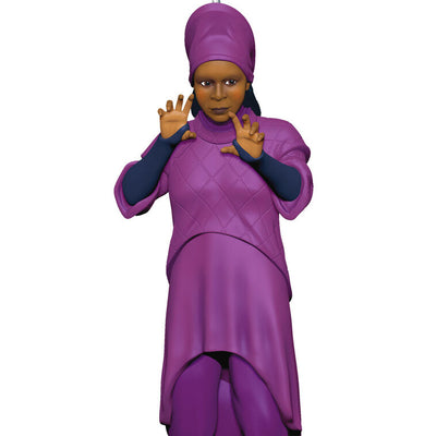 Hallmark Star Trek Guinan ornament—purple-robed bartender figurine from The Next Generation, holding hands up, inspired by Ten Forward
