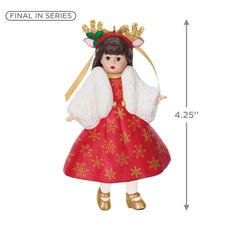 Deer Santa Wendy in red dress with gold snowflakes, antler headband, gold shoes, and white shrug, Hallmark Keepsake ornament