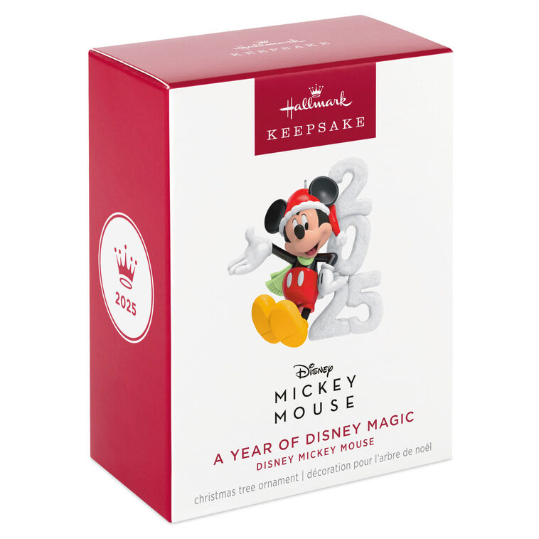 Mickey Mouse in Santa hat and scarf smiles next to a glittery “2025” snow sculpture in this festive Hallmark Keepsake Disney ornament.