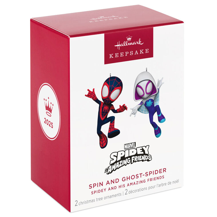 Spidey and His Amazing Friends ornament set, Spin and Ghost-Spider, Marvel characters, Hallmark Keepsake, Christmas tree decoration.