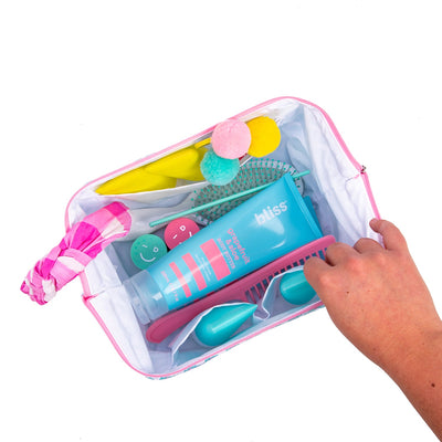 SCOUT Big Mouth makeup bag in Melondramatic print, wide wire-frame opening, three interior pockets, structured, upright, zip closure.