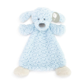 Tan plush dog rattle blankie with floppy ears, embroidered face, and ultra-soft textured fabric, 13 inches wide.