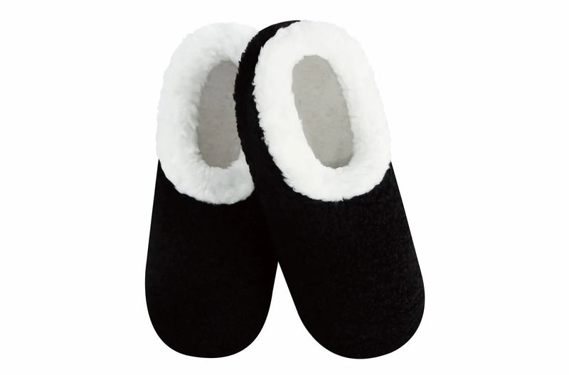 Black teddy sherpa slippers with white lining and non-skid soles by Snoozies