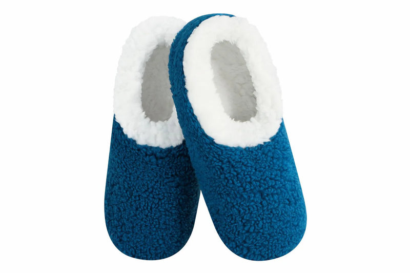 Blue teddy sherpa slippers with white lining and non-skid soles by Snoozies.
