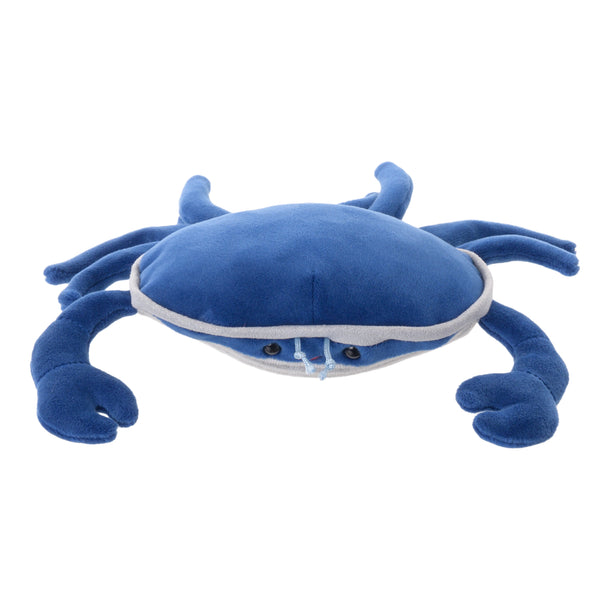Plush blue crab with a vibrant shell, cheerful eyes, and bright smile, 8 inches tall, perfect for cuddling.

