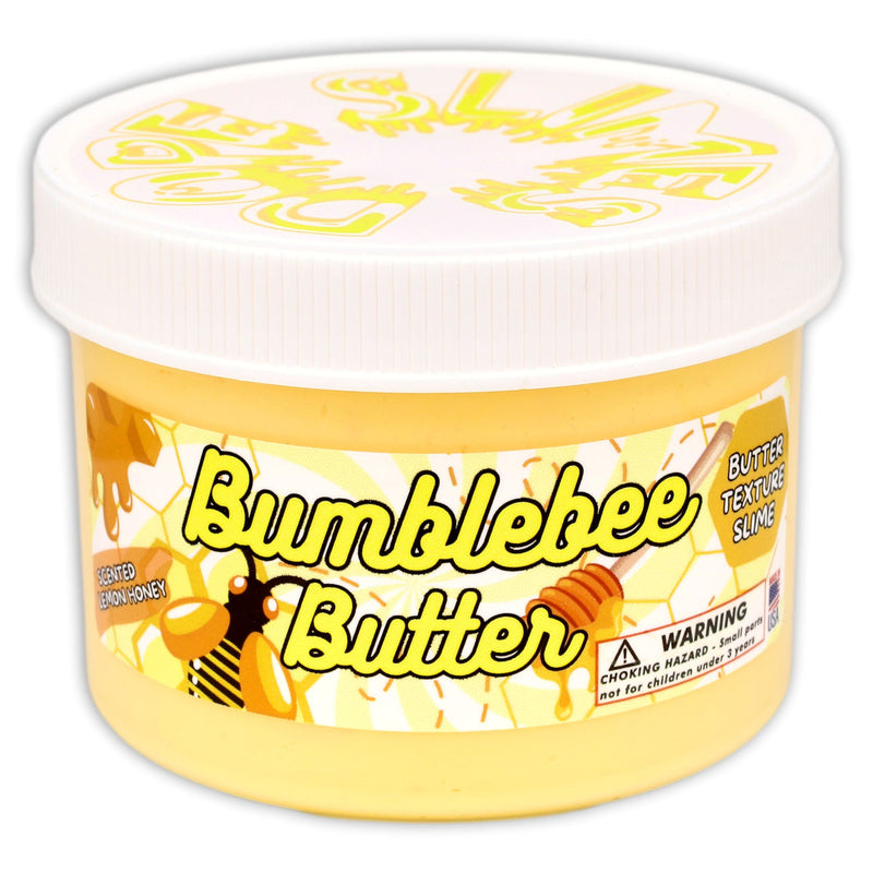 Yellow and black buttery slime with a soft texture, inspired by bumblebees and honey, featuring a sweet, floral scent for sensory play.