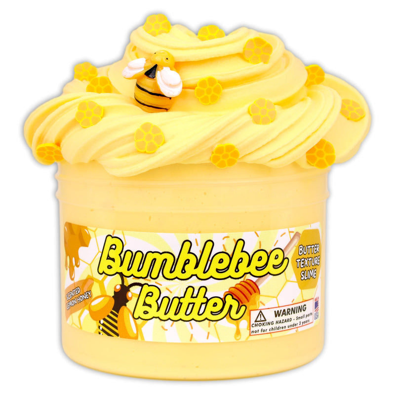 Yellow and black buttery slime with a soft texture, inspired by bumblebees and honey, featuring a sweet, floral scent for sensory play.