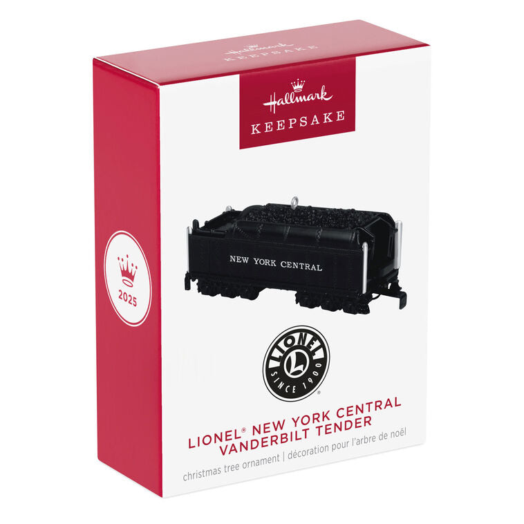 Hallmark Keepsake Lionel New York Central Vanderbilt Tender ornament, black die-cast metal train coal car with turning wheels and NY Central markings.