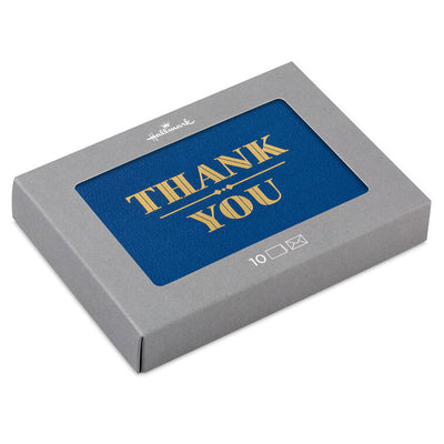 Navy blue thank you cards with formal gold foil block lettering, includes 10 blank cards and white envelopes in a sleek gift box