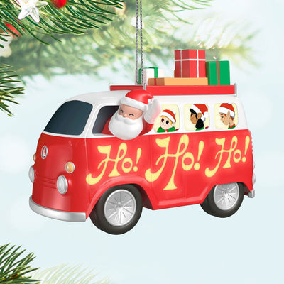 Santa and groovy elves in vintage van Christmas ornament with lights and music, battery operated holiday decoration

