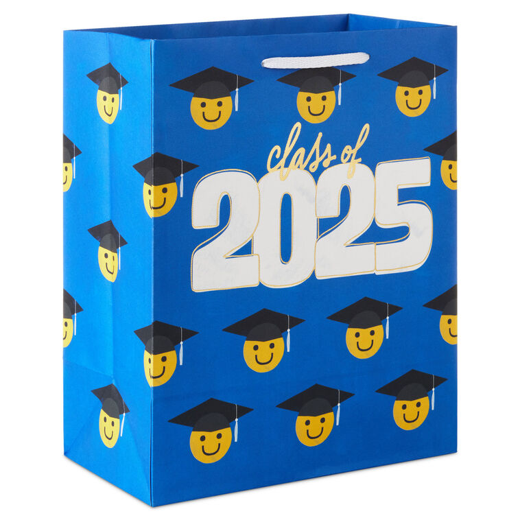 Medium blue graduation gift bag with Class of 2025 and rows of smiley faces in grad caps, Hallmark, gold foil accents, 9.6 inch size

