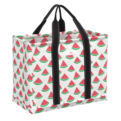 SCOUT Woven Tote Large Roadtripper in One in a Melon with striped breathable fabric and a sturdy, removable structured bottom.
