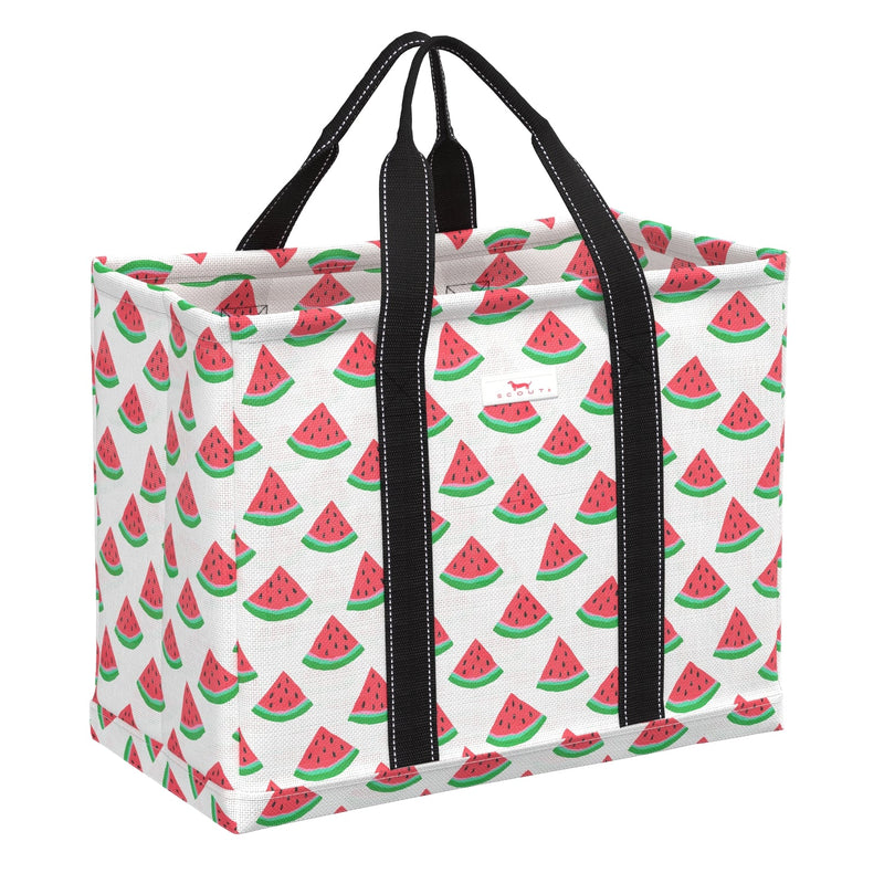 SCOUT Woven Tote Large Roadtripper in One in a Melon with striped breathable fabric and a sturdy, removable structured bottom.