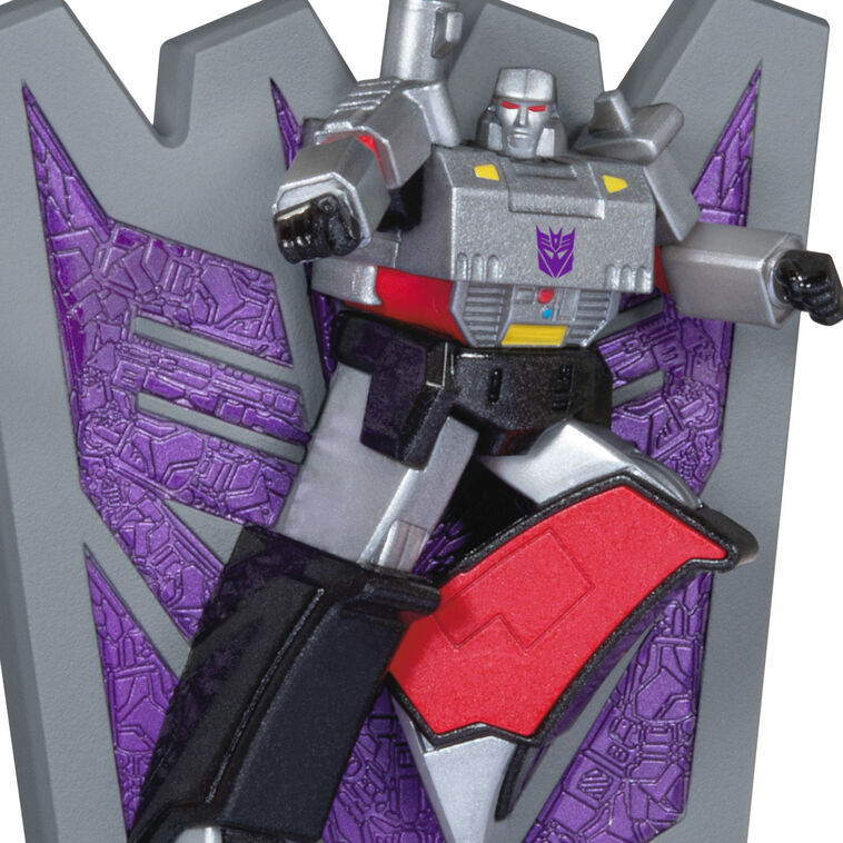 Megatron ornament, Transformers villain, fusion cannon raised, purple Decepticon shield, Hallmark Keepsake, Christmas tree decoration.