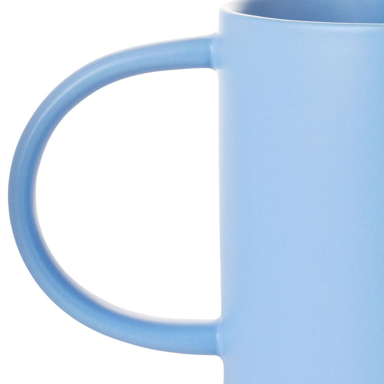 Bright blue ceramic mug with "Best Papa Ever" text, blue ribbon design, oversized handle, and recessed base for stacking.