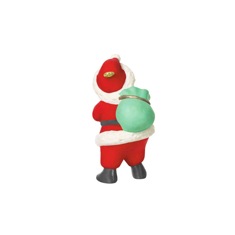 Mini Santa Claus ornament with rosy cheeks and green toy sack, retro-styled Hallmark Keepsake Christmas collectible