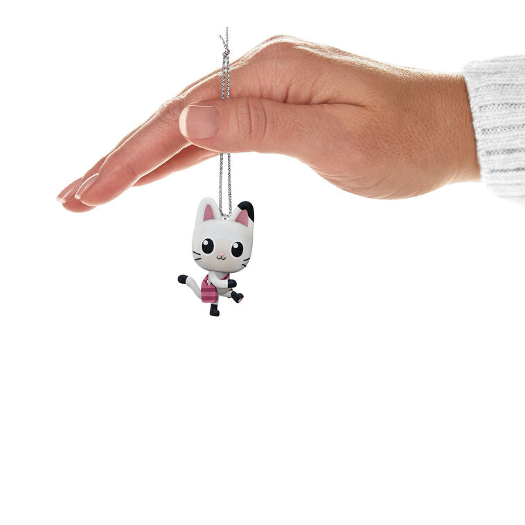 Mini Pandy Paws ornament, black and white cat-panda with striped tail and scarf, Hallmark Gabby’s Dollhouse Christmas collectible
